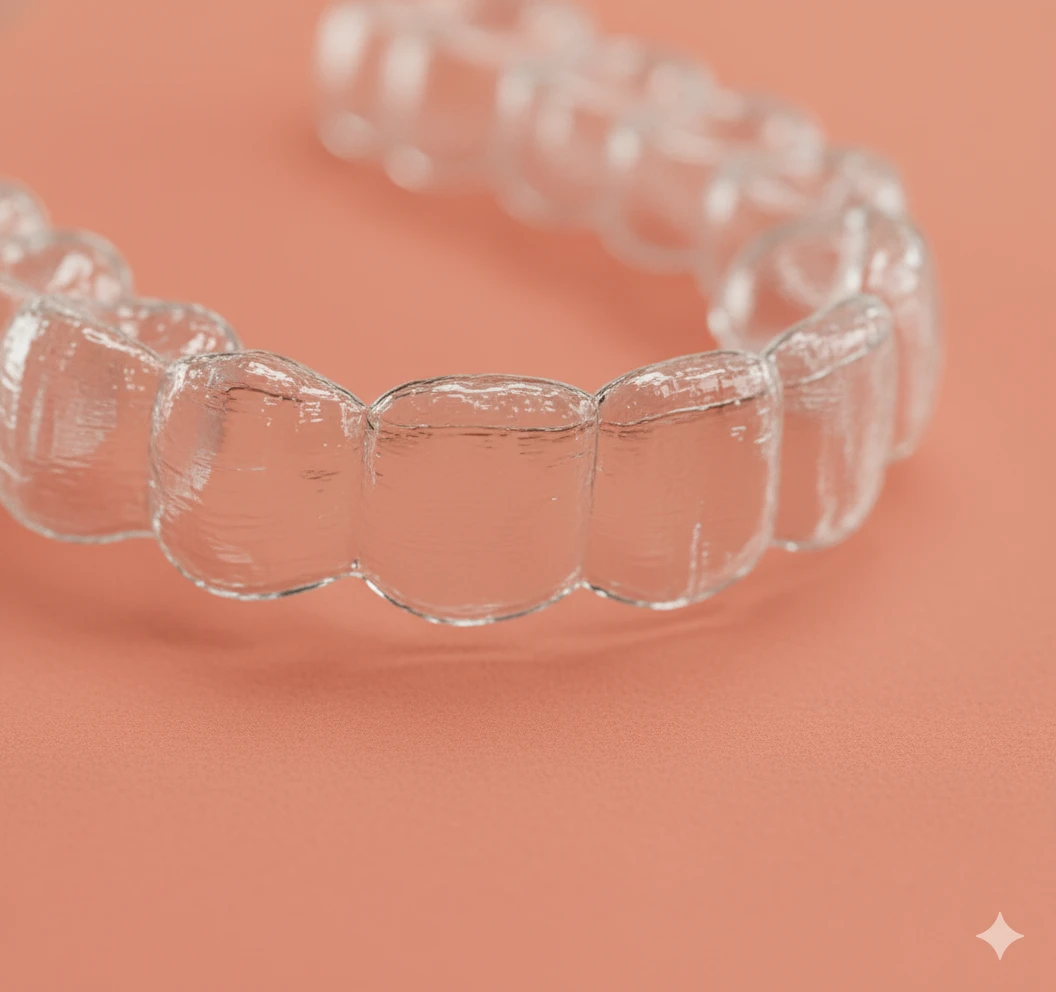 Smila clear aligner detail — laser-cut edges visible on a coral backdrop