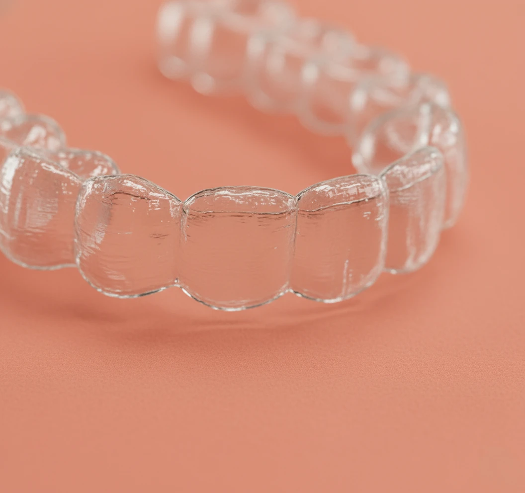 Smila clear aligner detail — laser-cut edges visible on a coral backdrop