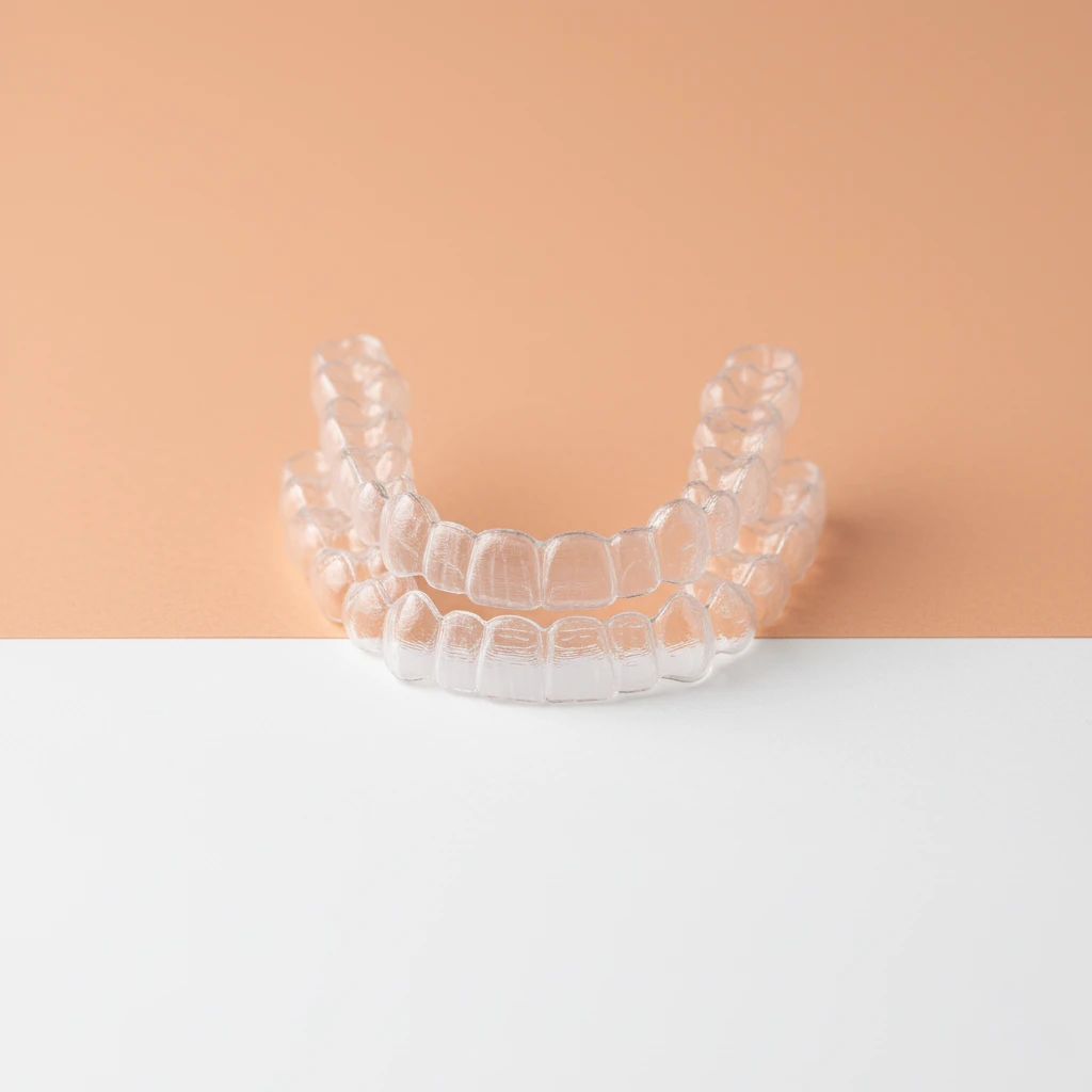 Smila clear aligner tray on a soft peach surface — premium Zendura Flex material