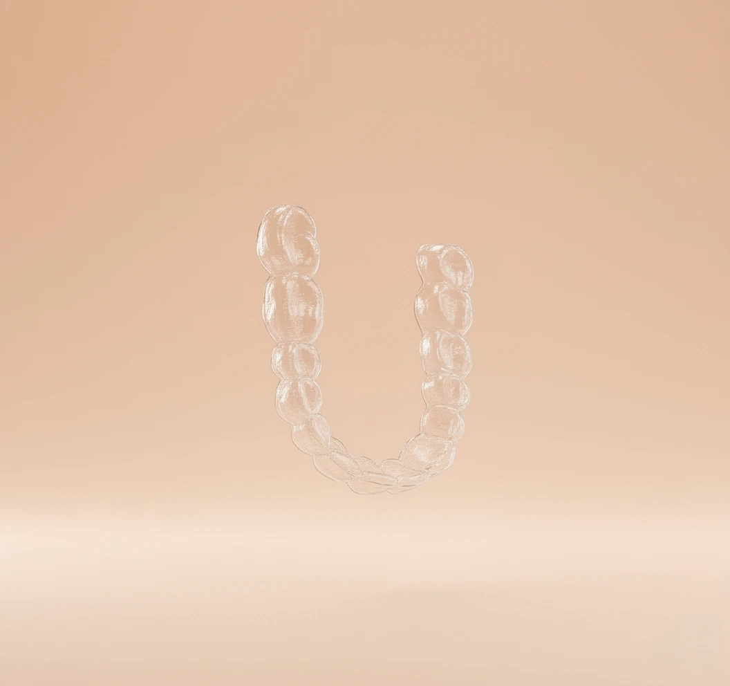 Detalle de un alineador transparente sobre fondo melocotón, representando la precisión del escáner 3D