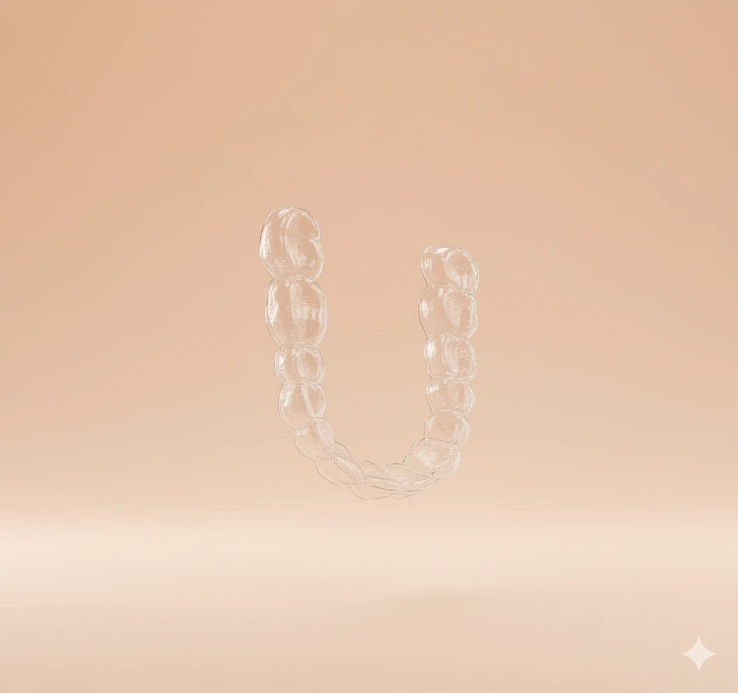 Clear aligner detail on a soft peach backdrop, representing 3D scan precision