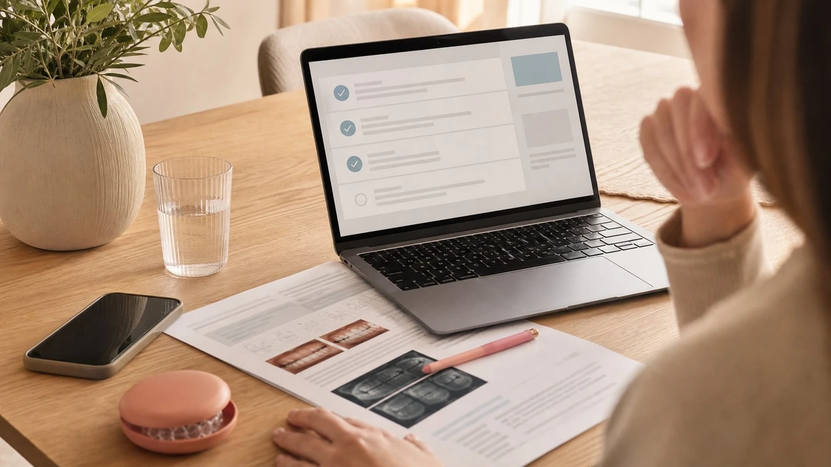 Un portátil con una checklist sobre seguridad de alineadores invisibles online en Reino Unido junto a notas de tratamiento sobre una mesa cálida