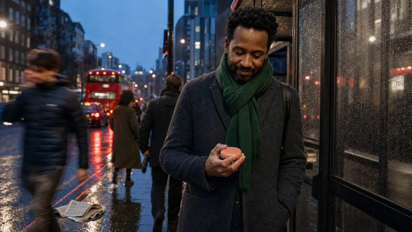 Una persona negra británica espera el autobús bajo la lluvia en Londres mientras mira un estuche color melocotón para alineadores.