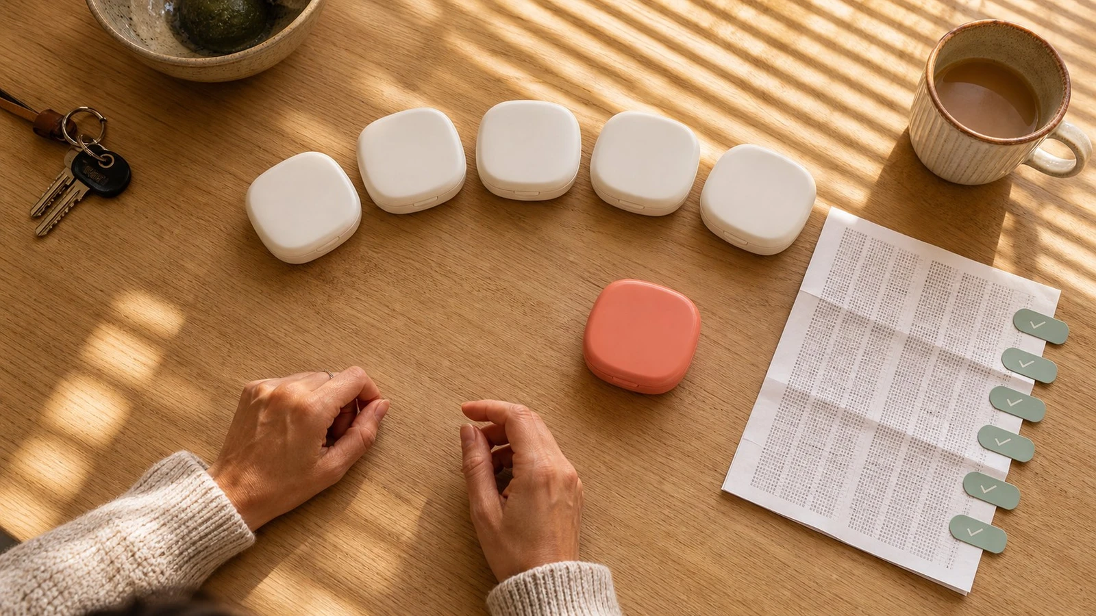 Cinco estuches color crema y uno coral junto a una hoja con seis apartados para comparar alternativas a Invisalign en Reino Unido