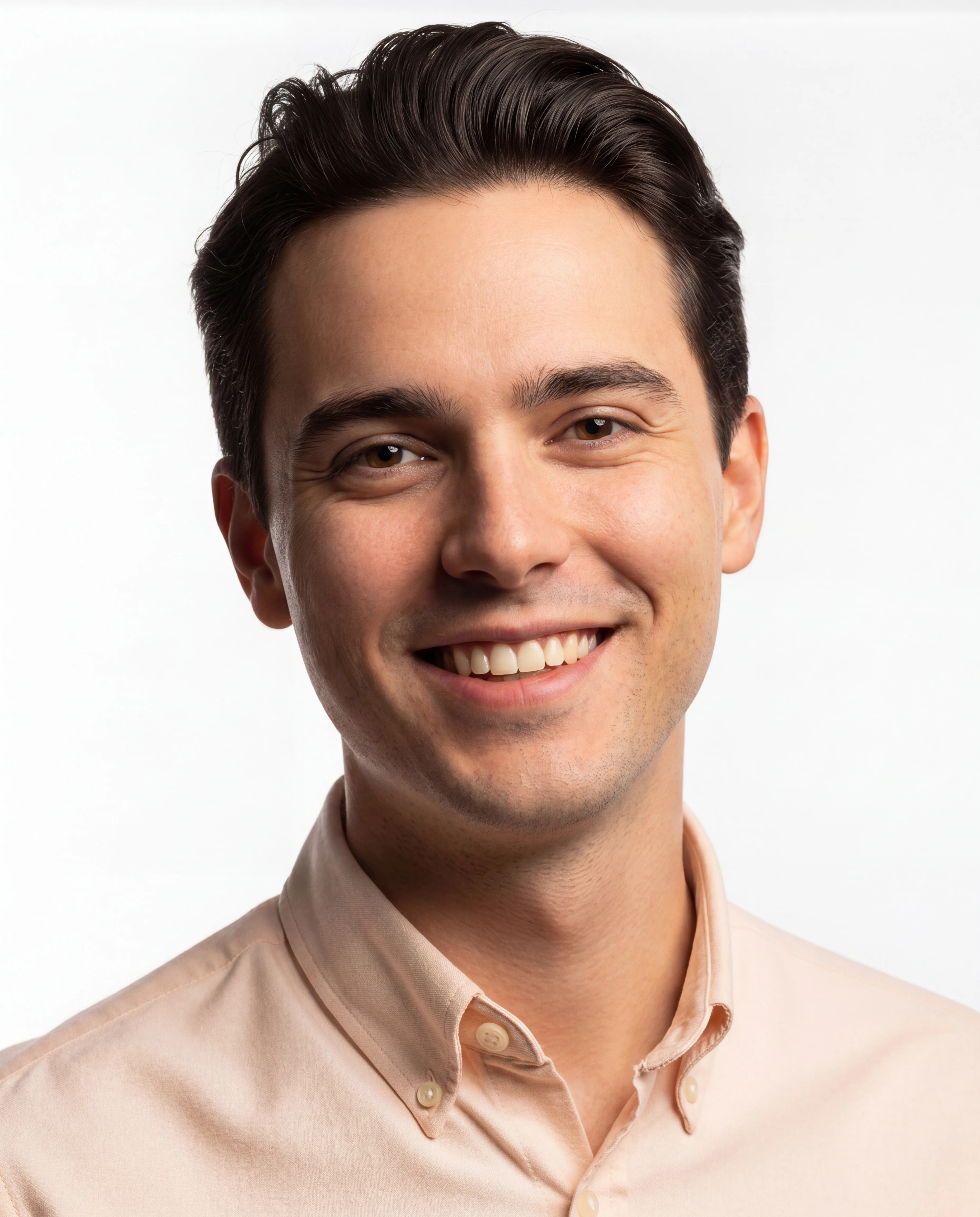 Smila patient smiling — beige shirt, soft natural light