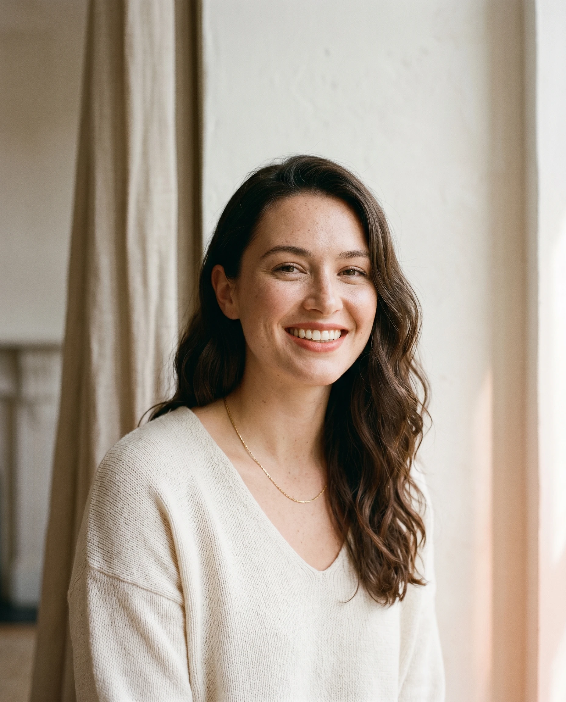 Mujer segura de sí misma con una sonrisa cálida y genuina, con un jersey de punto crema, fotografiada sobre un fondo de estudio crema y melocotón — la sonrisa natural y segura que los alineadores Smila están diseñados para conseguir.