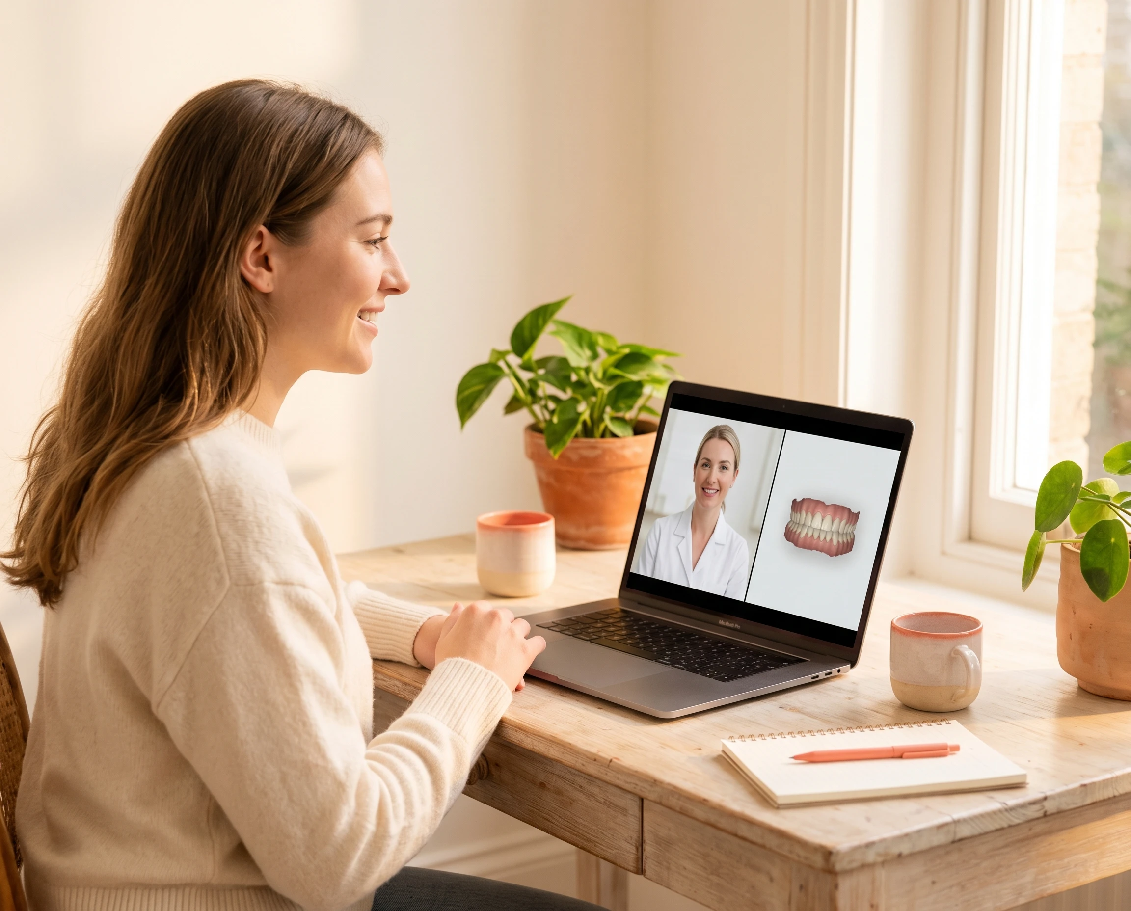 Una paciente de Smila en videollamada con su dentista para una revisión virtual de progreso