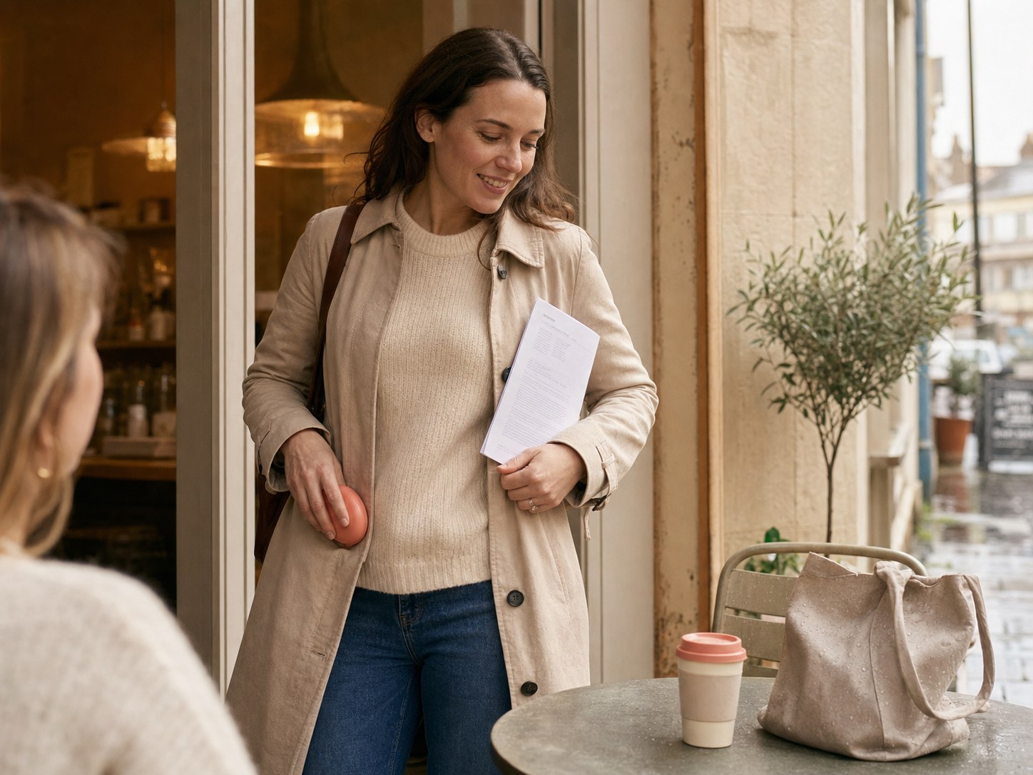 Una mujer de pie en la entrada de una cafetería sostiene un plan impreso y un estuche de alineadores coral junto a una bolsa húmeda por la lluvia.