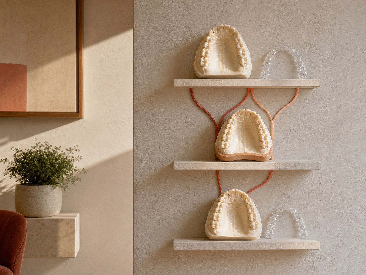 Una instalación montada en una pared ramifica caminos coral y melocotón entre tres arcadas dentales intactas que representan posición, forma o ambas.