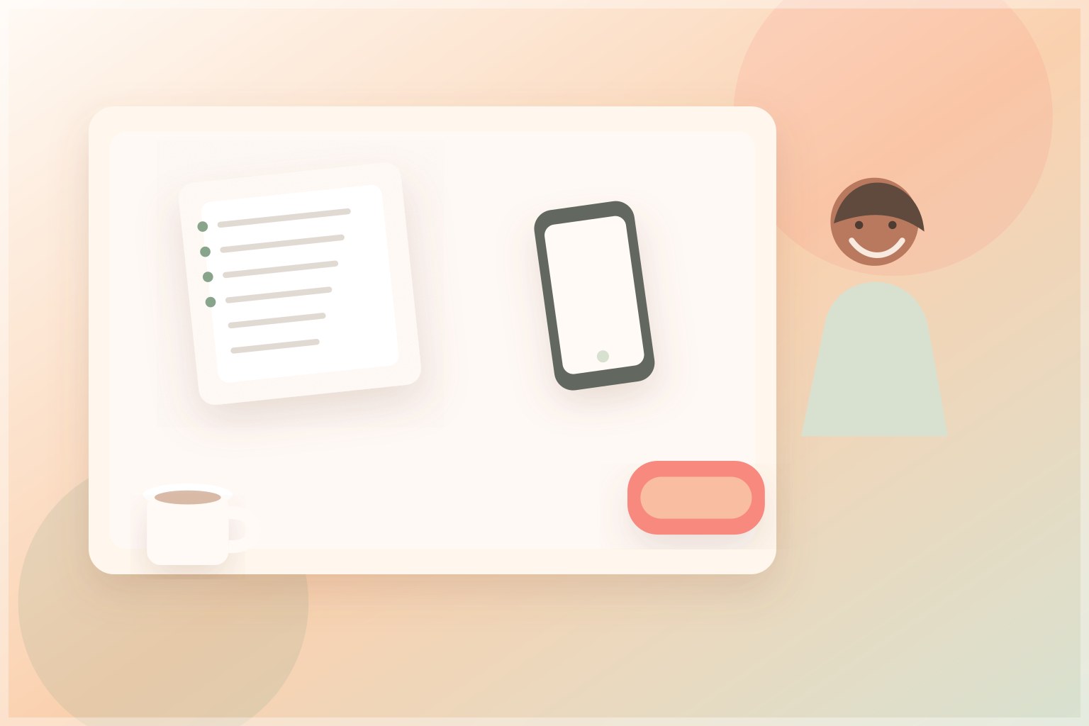 Warm illustration of a checklist, phone and closed aligner case on a home desk