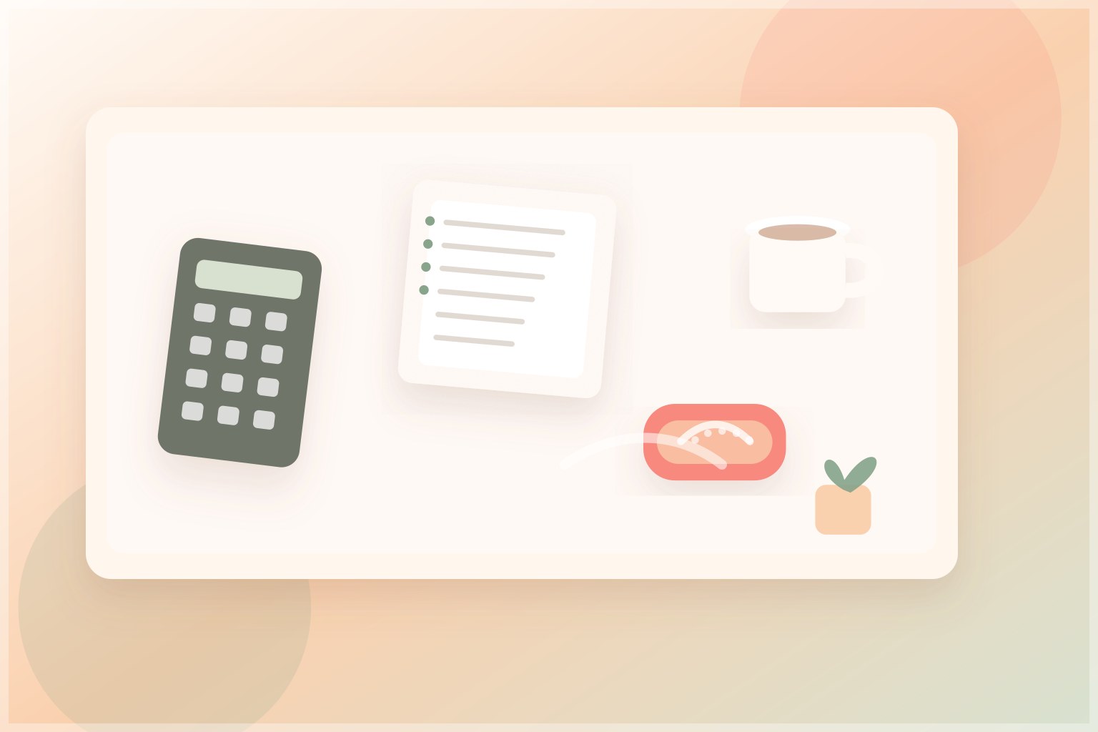 Warm cost desk illustration with calculator, notes, coffee and a small aligner case