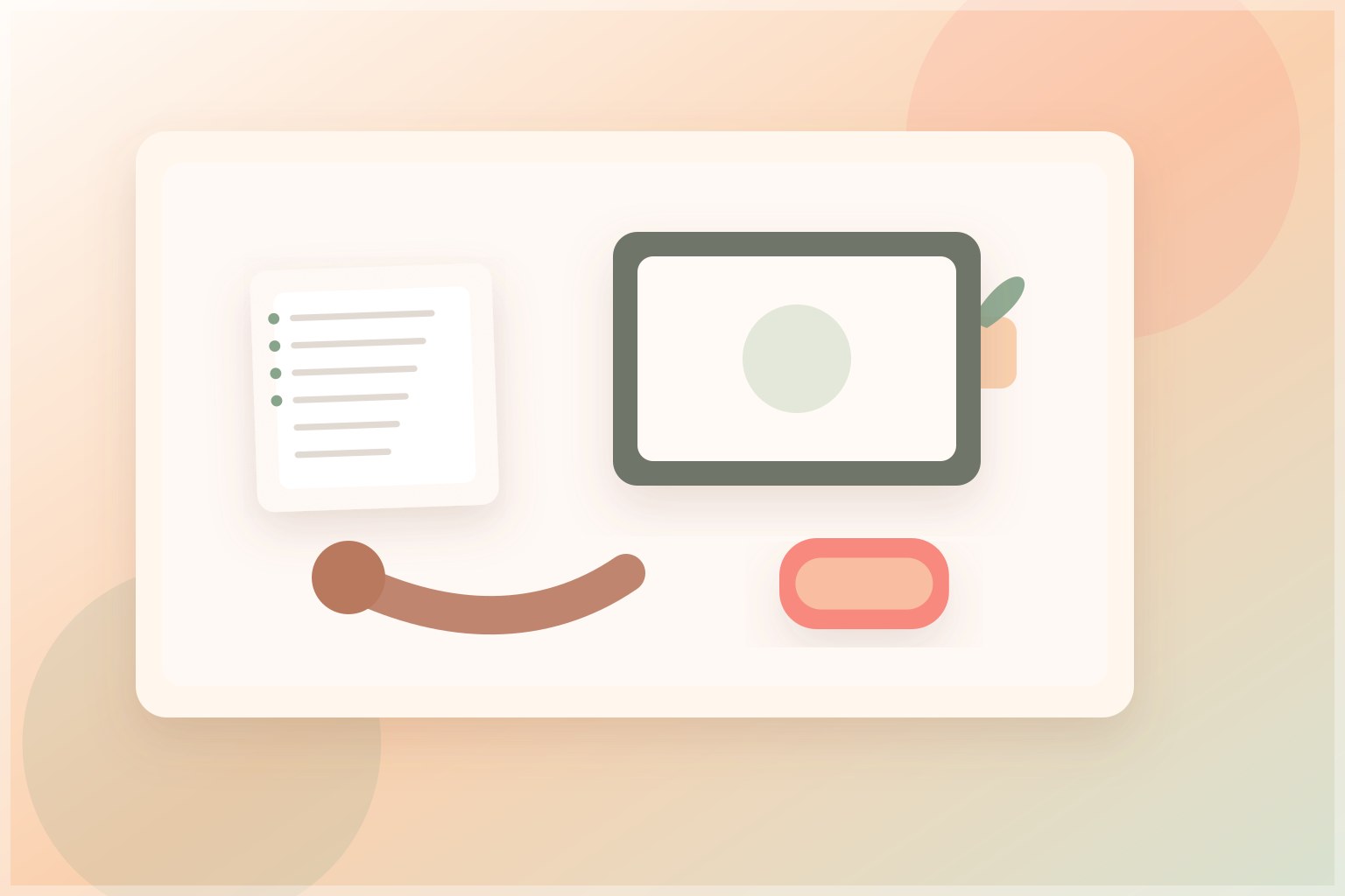 Warm desk illustration with tablet, checklist, pen and closed aligner case