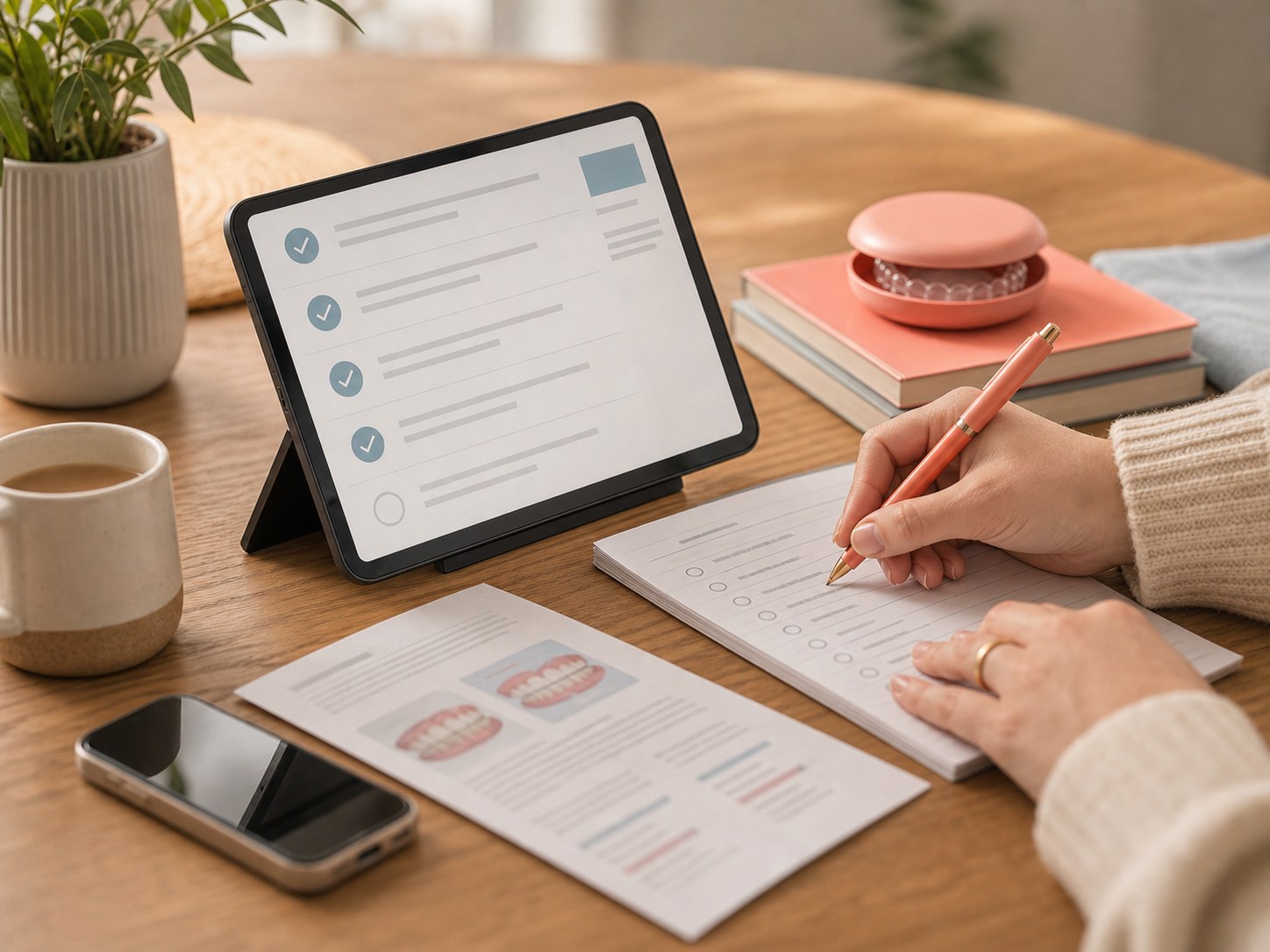 A laptop on a dining table showing an unbranded consultation checklist with treatment notes and a coral pen