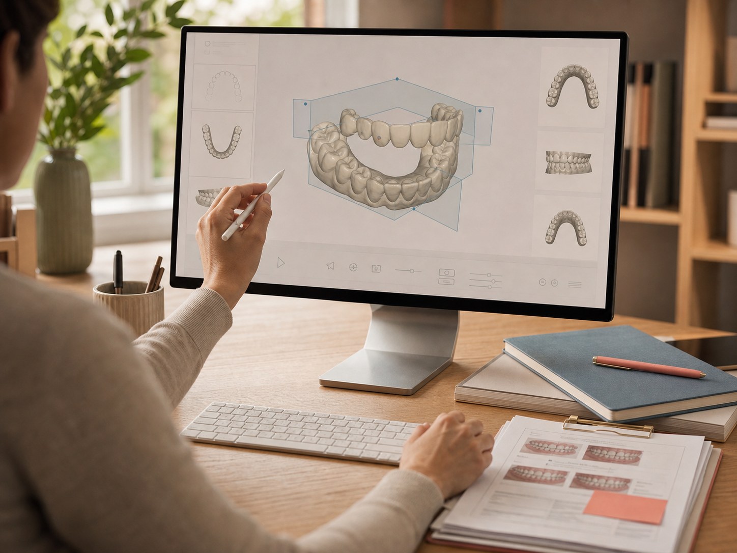 A dentist reviews an unbranded digital scan on a monitor in soft daylight without showing a clinic room