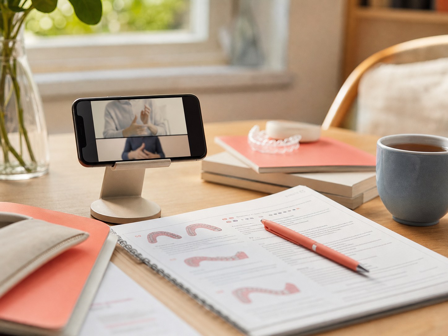 Printed treatment notes, a pen and a phone video consultation setup on a warm neutral desk