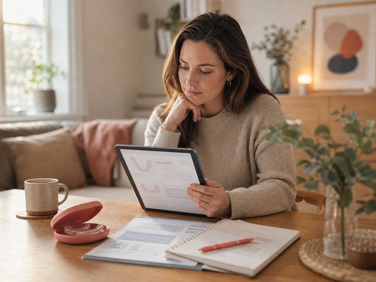 A calm adult reviews an aligner treatment plan on a tablet beside a closed case and a cup of tea