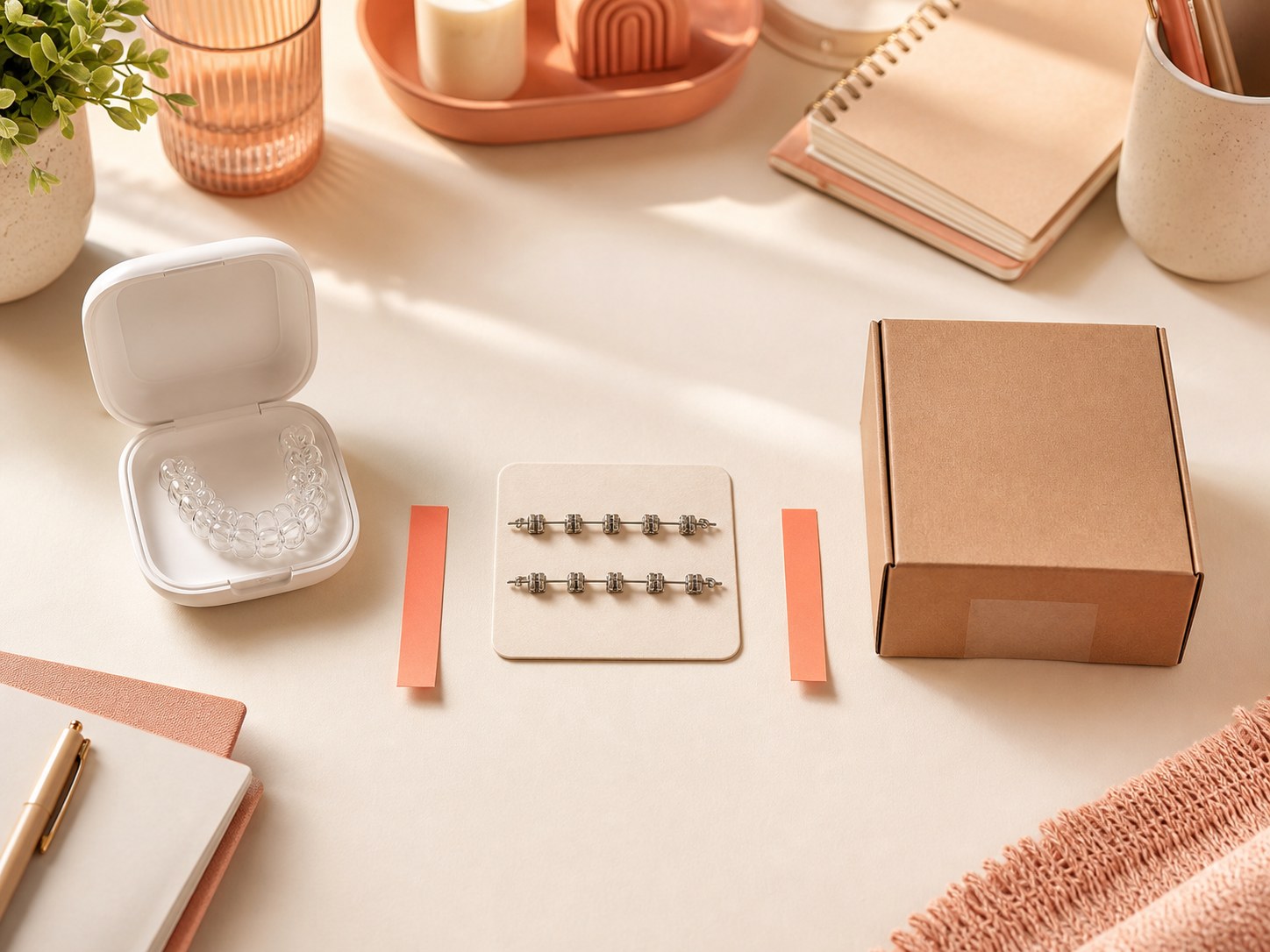Tres opciones de tratamiento dental sin marca comparadas sobre un escritorio con tonos coral cálidos
