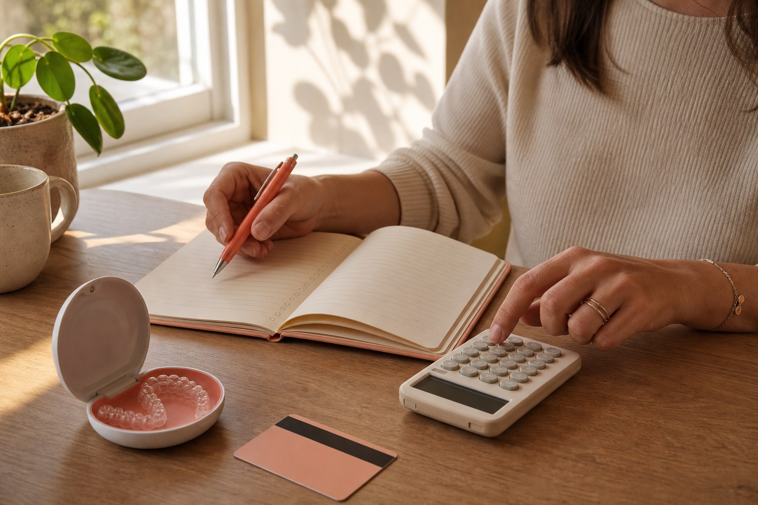 Una persona usando una calculadora junto a un estuche de alineadores y un cuaderno de preguntas