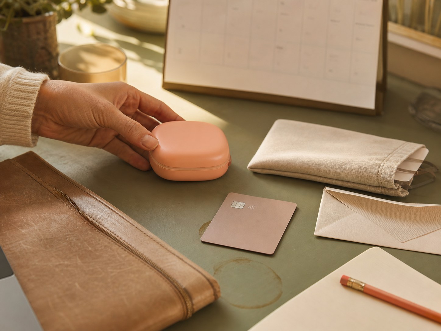 Una mano coloca un estuche color melocotón para alineadores junto a una funda de retenedor, una tarjeta bancaria, un calendario y un sobre sobre un escritorio verde.