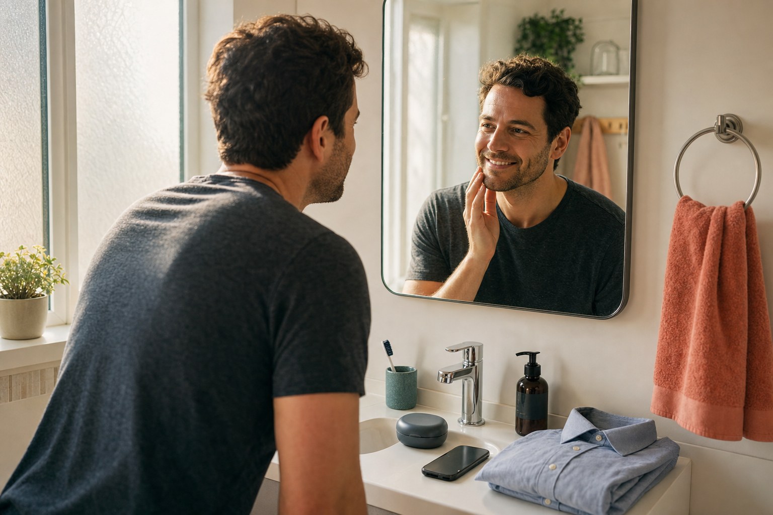 A UK adult checking their smile in a bathroom mirror beside an aligner case