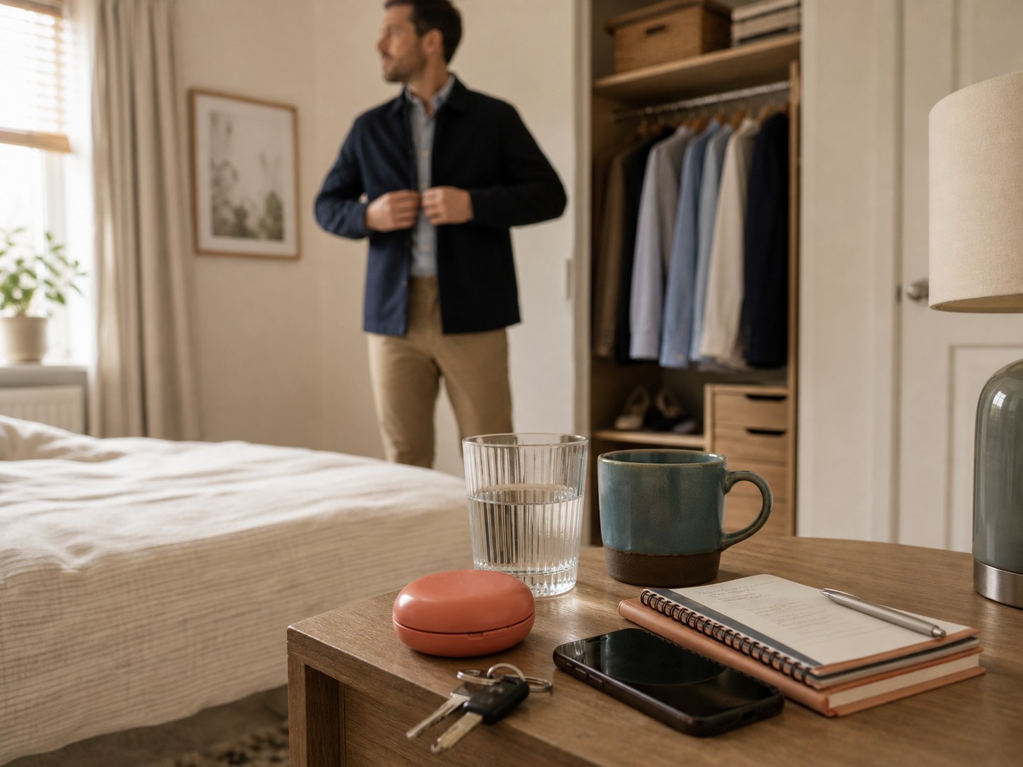 An aligner case beside a phone, keys and coffee on a bedside table