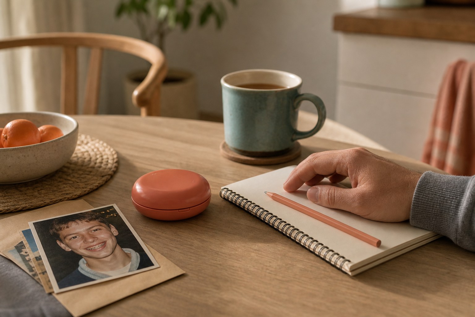 A retainer case, old photo print and notebook arranged in soft morning light