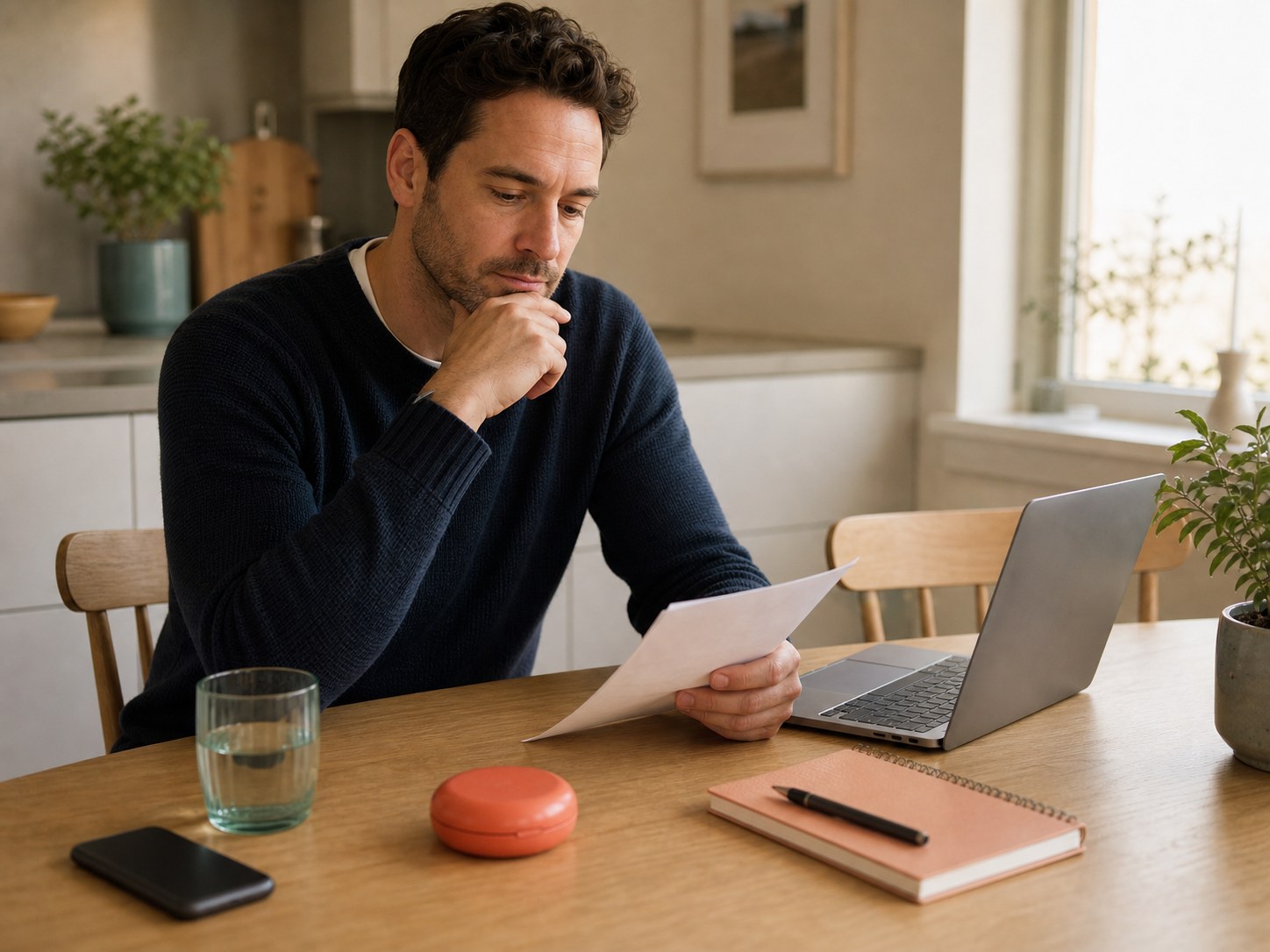 A calm kitchen table with an aligner case, notebook and morning light