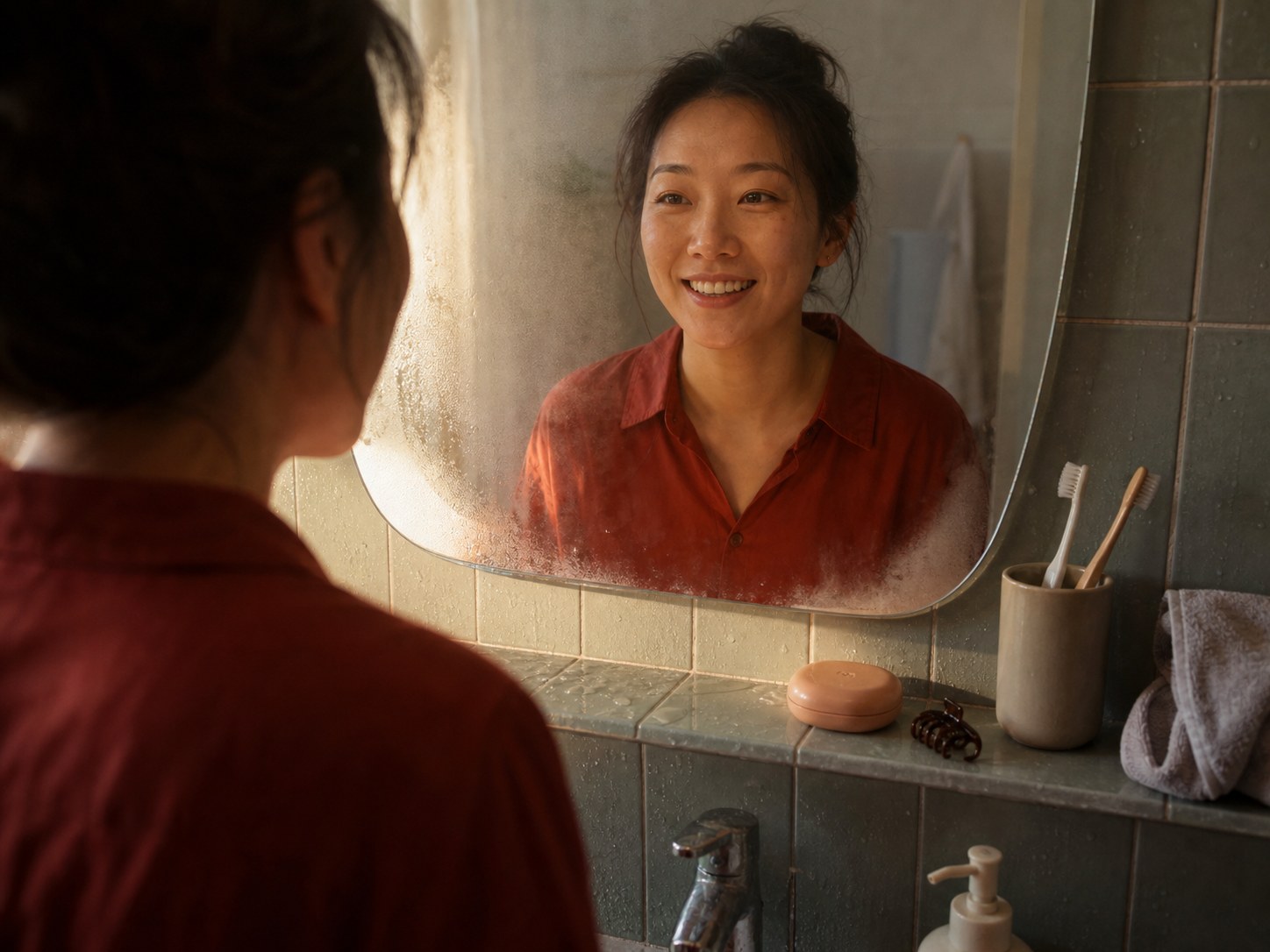 Una mujer británica de origen chino observa su sonrisa natural en el espejo empañado del baño, junto a un estuche cerrado para alineadores de color melocotón.