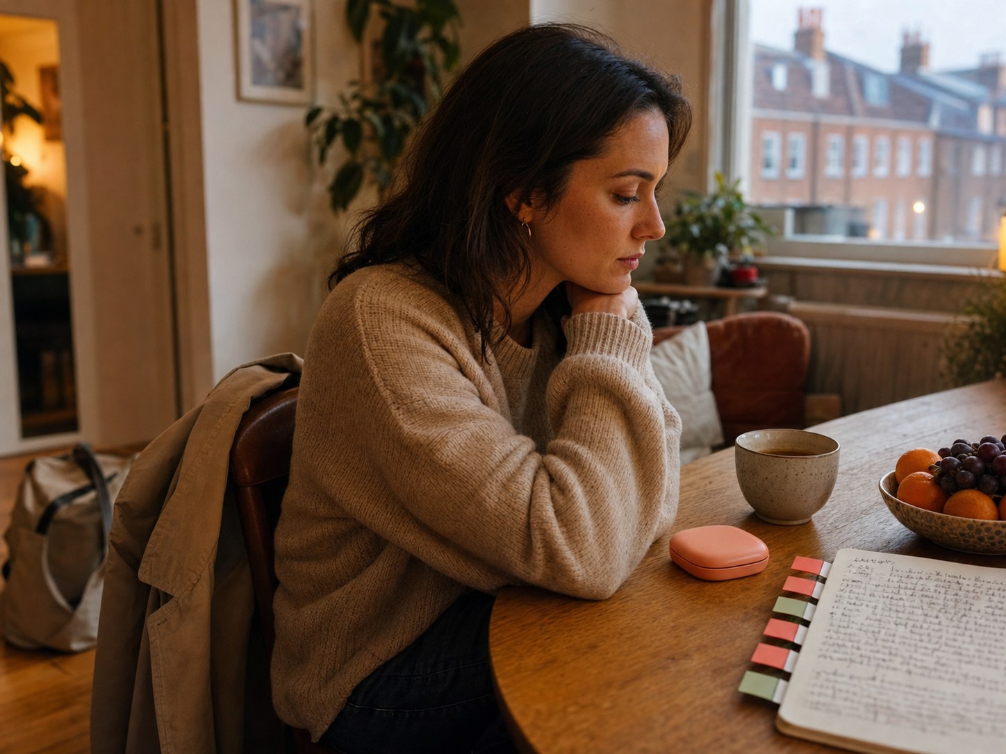 A woman at her dining table studies a tabbed treatment checklist beside a peach aligner case after work