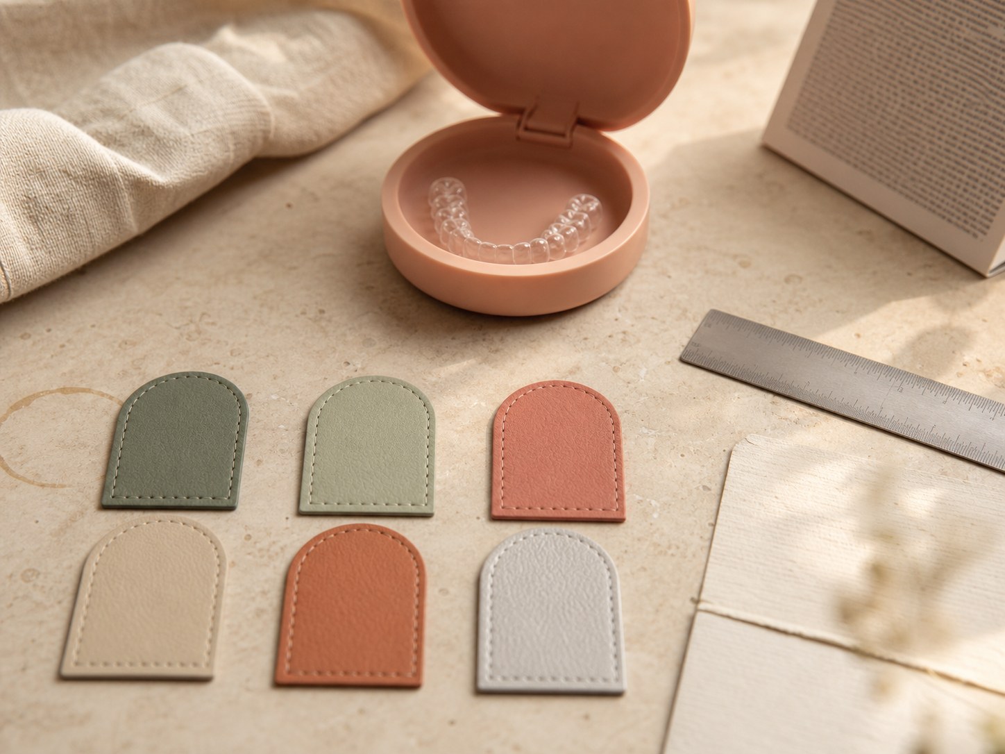 A clear aligner sits inside a peach case above six muted stitched comparison tabs, a ruler and folded card on a cream table