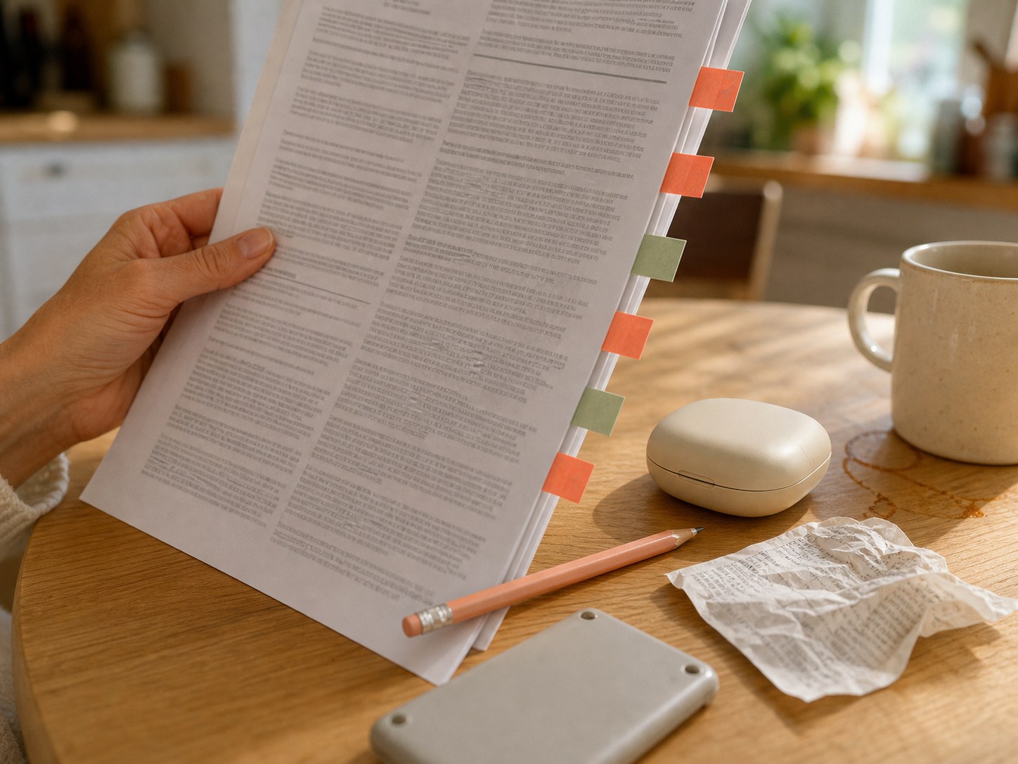 A hand reviews a tabbed multi-page quote beside an aligner case, tea mug and everyday kitchen receipts