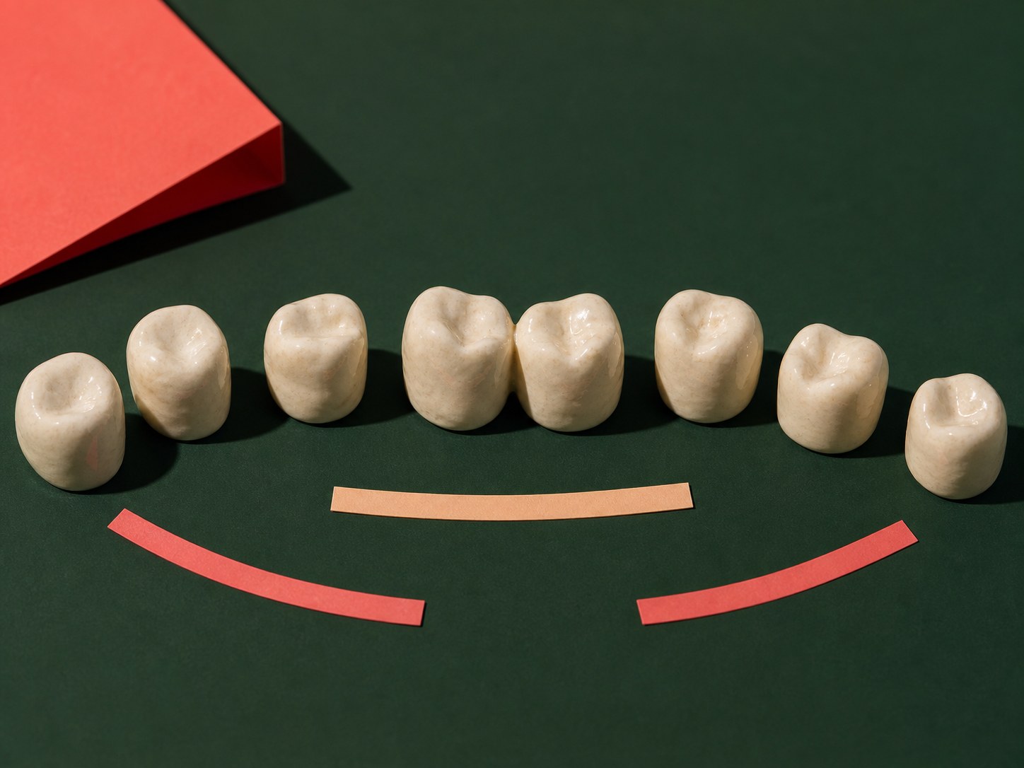 Una línea curva de pequeñas piezas dentales de cerámica con marcadores melocotón y coral que muestran distintas formas de planificar el espacio