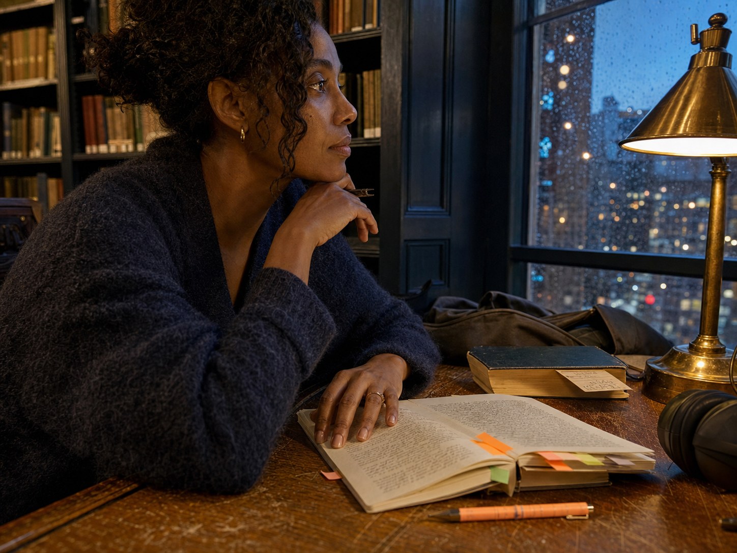 Una mujer pensativa sentada junto a la ventana de una biblioteca salpicada de lluvia, con notas manuscritas, un lápiz melocotón y auriculares sobre la mesa