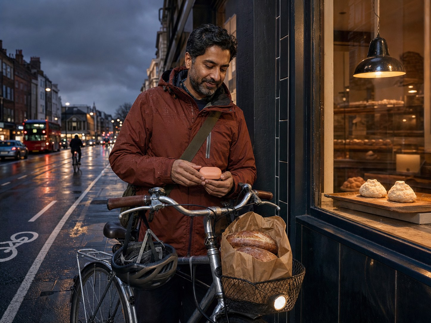 Un hombre cierra un estuche melocotón para alineadores junto a su bicicleta en una calle mojada de Londres al anochecer